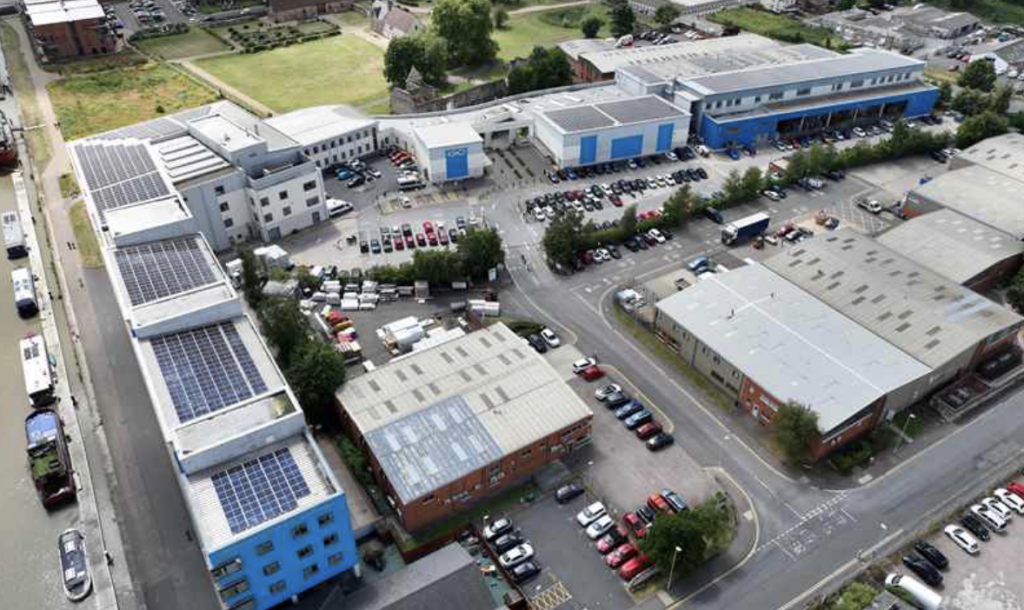 Ariel view of solar panels on college roof