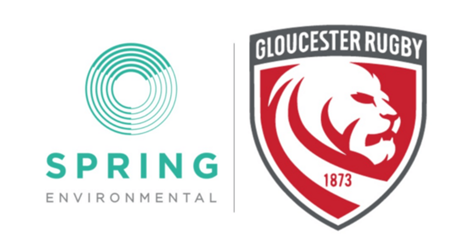 Logos for print environmental blue circle and Gloucester rugby club red and white lion on shield